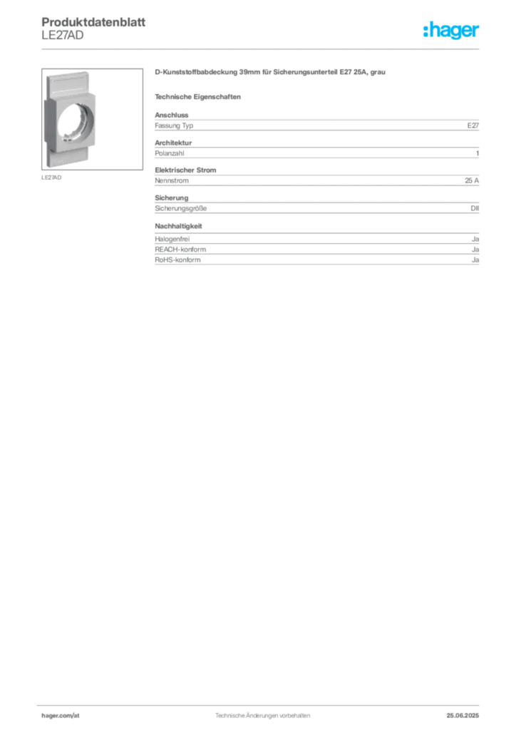 Bild Hager Produktdatenblatt LE27AD | Hager Deutschland