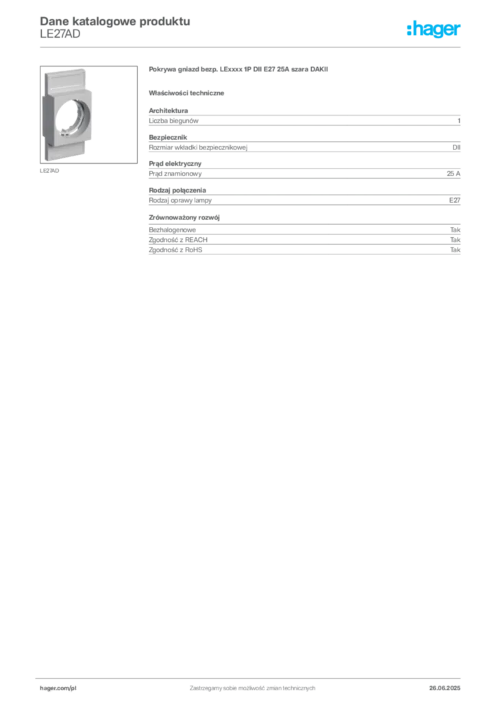 Zdjęcie Hager Dane katalogowe produktu LE27AD | Hager Polska