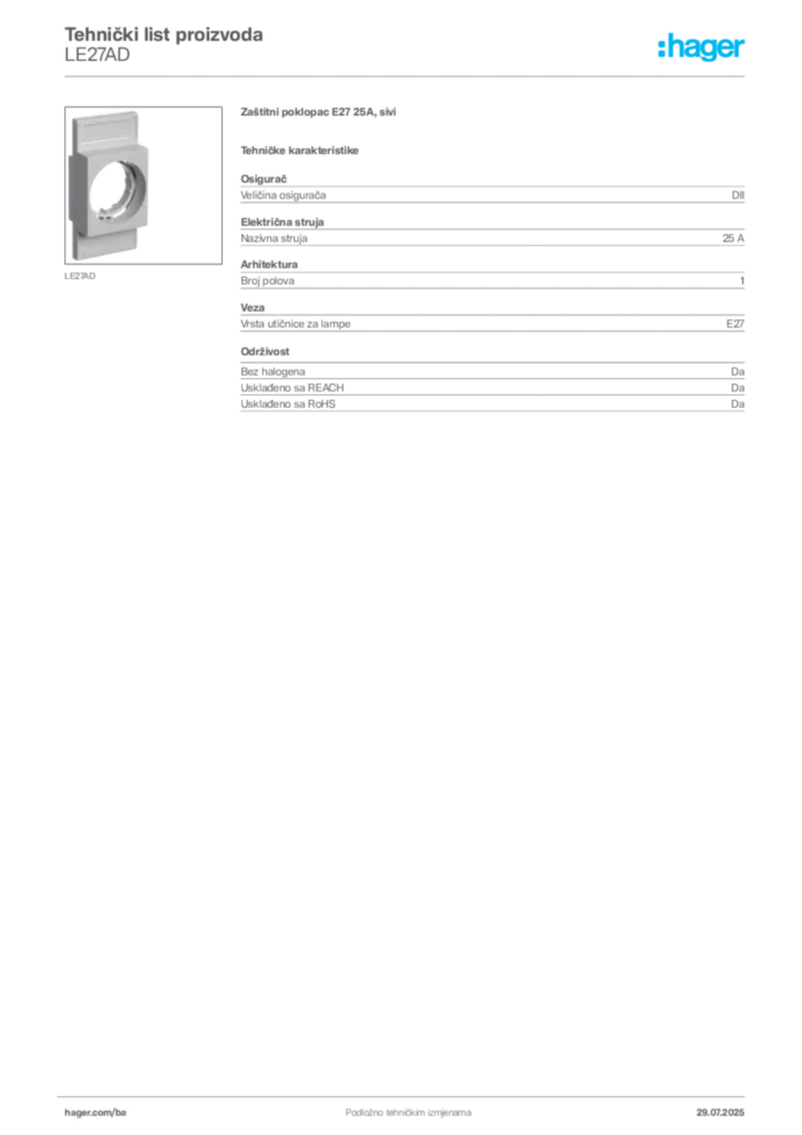 Slika Hager Product data sheet LE27AD  | Hager