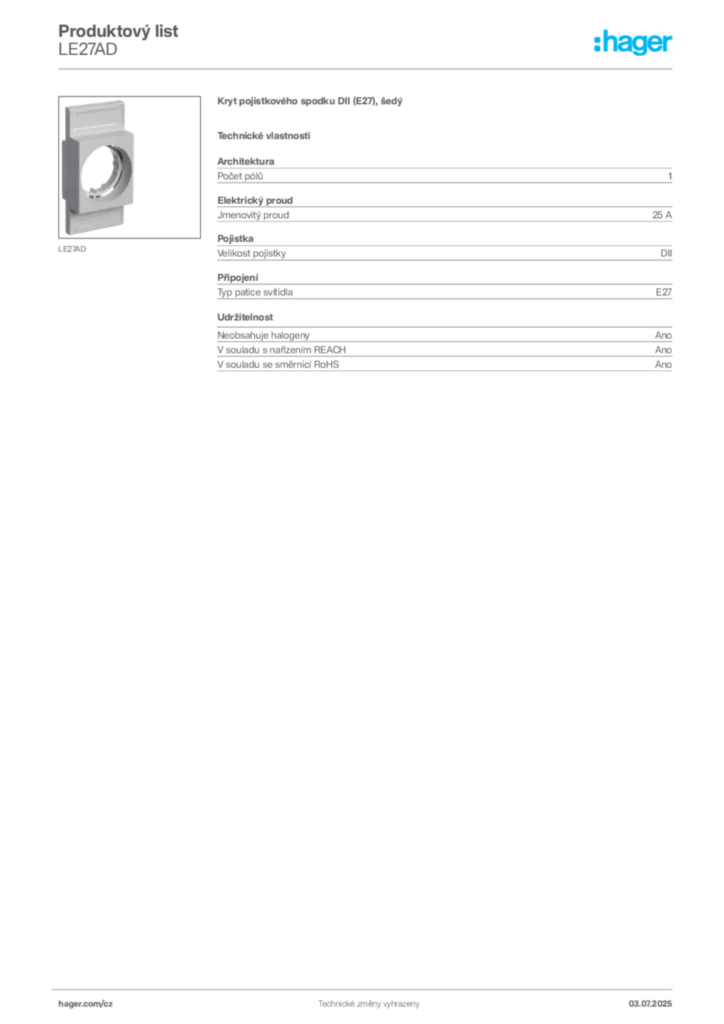 Obrázek Hager Produktový list LE27AD | Hager