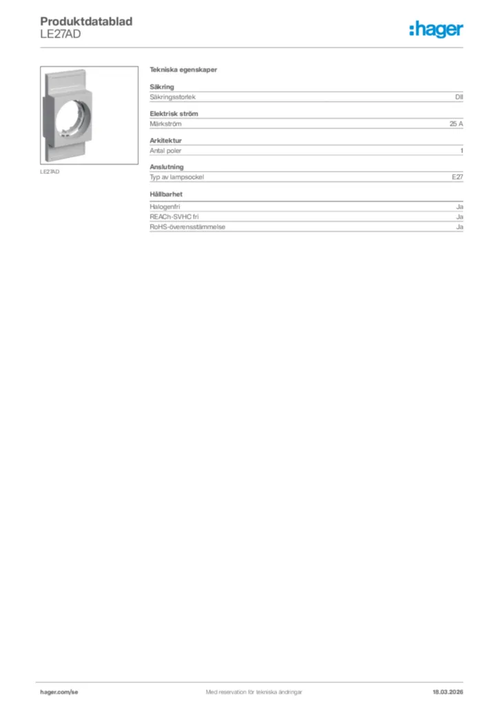 Bild Hager Produktdatablad LE27AD | Hager Sverige