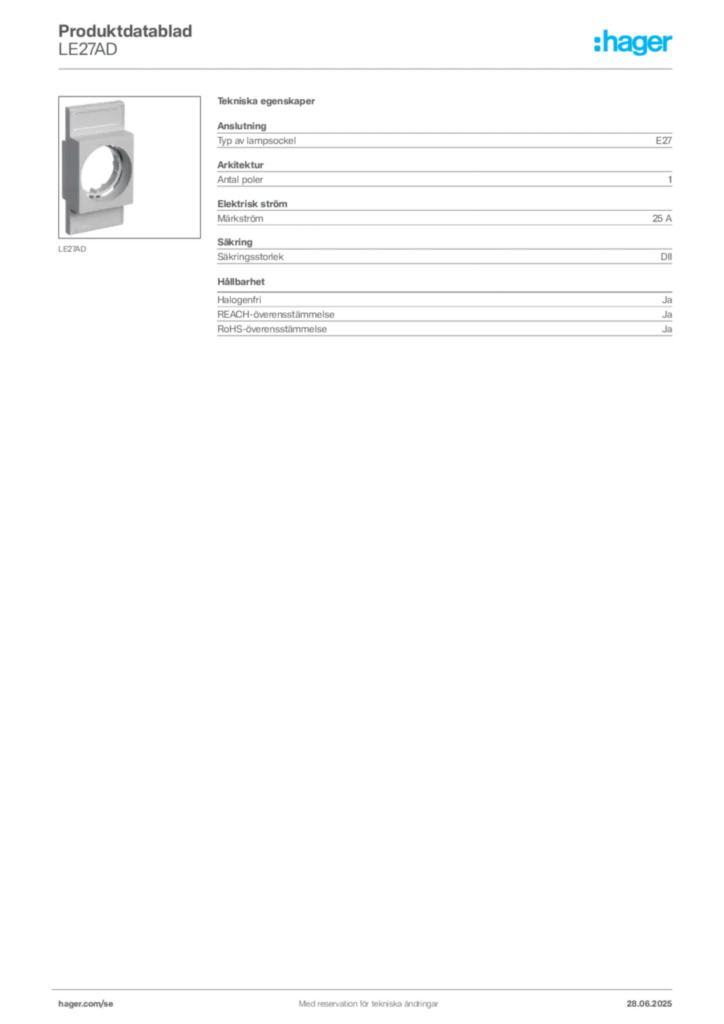 Bild Hager Produktdatablad LE27AD | Hager Sverige