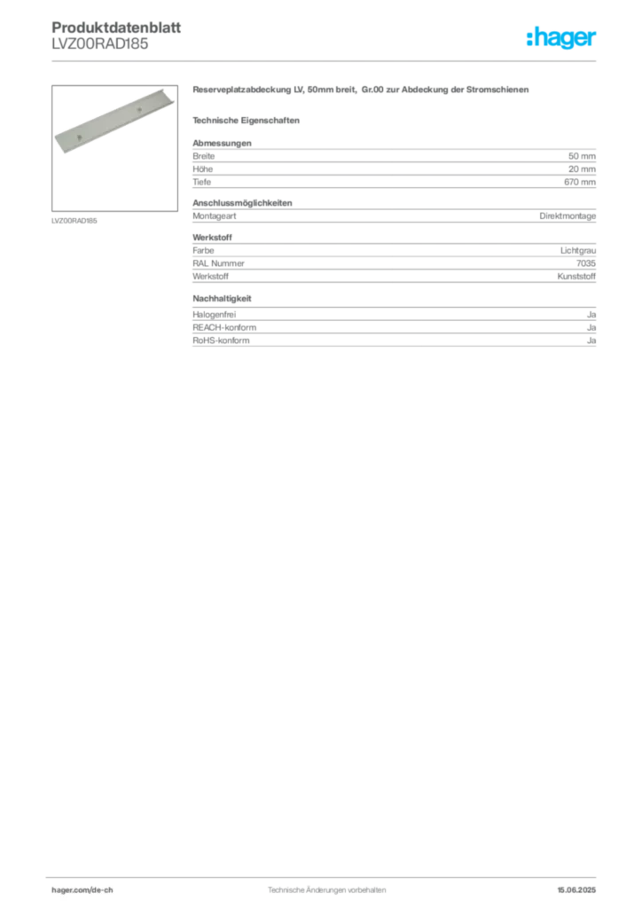 Bild Hager Produktdatenblatt LVZ00RAD185 | Hager Schweiz