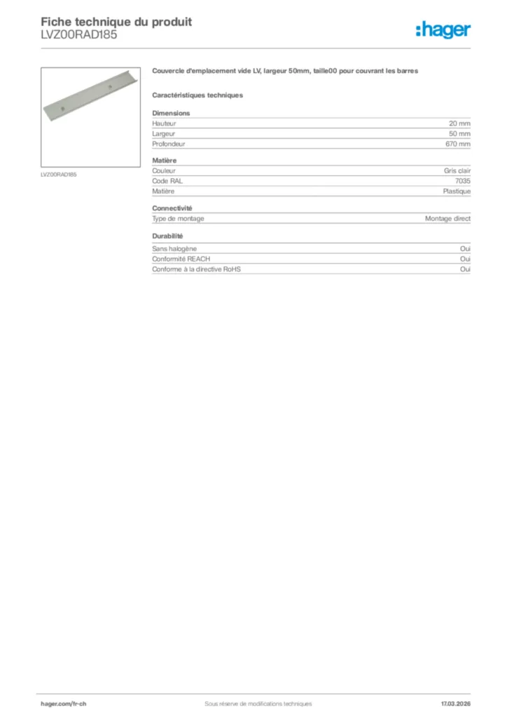 Image Hager Fiche technique du produit LVZ00RAD185 | Hager Suisse
