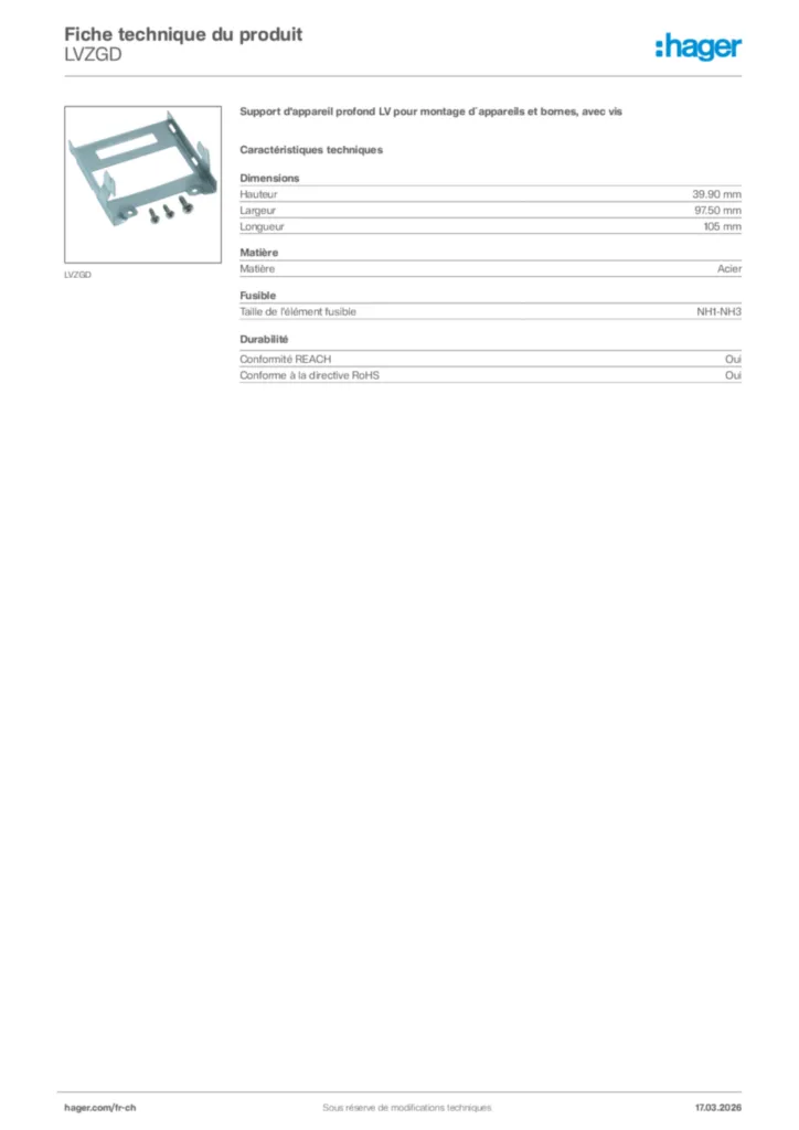 Image Hager Fiche technique du produit LVZGD | Hager Suisse