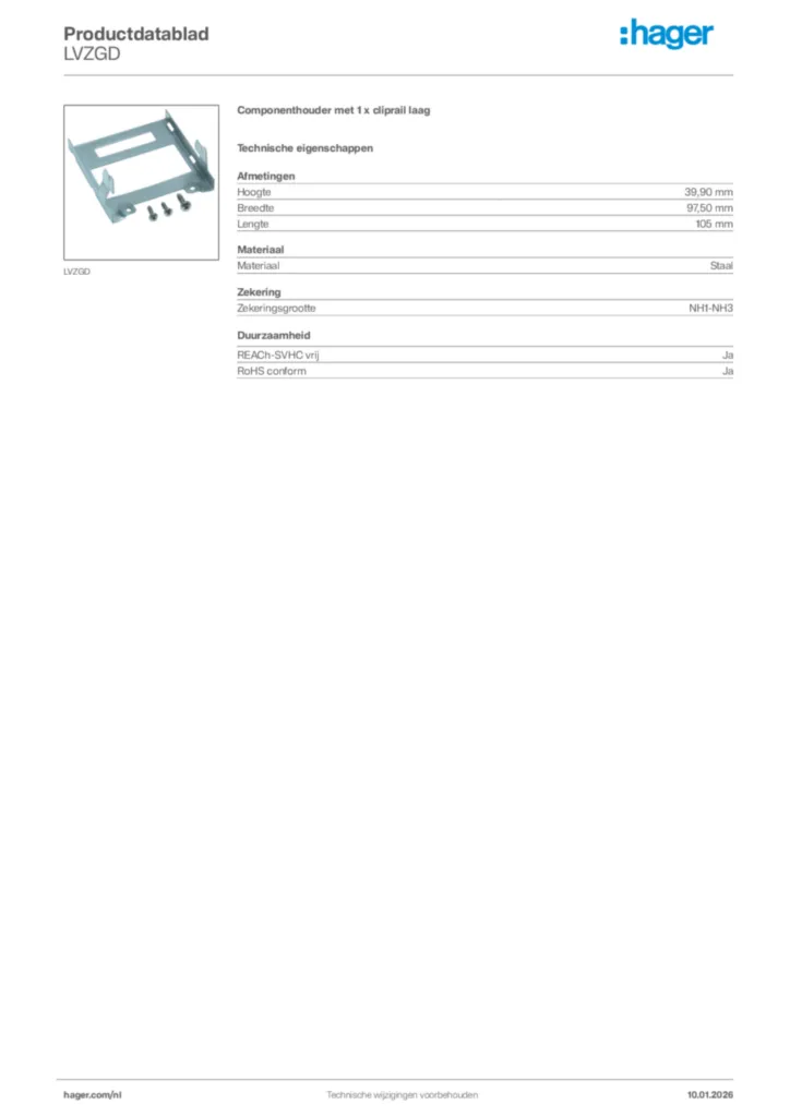 Afbeelding Hager Productdatablad LVZGD | Hager Nederland