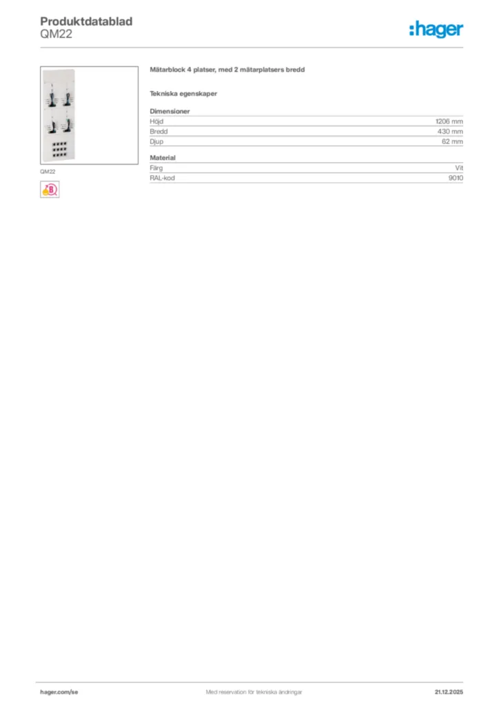 Bild Hager Produktdatablad QM22 | Hager Sverige