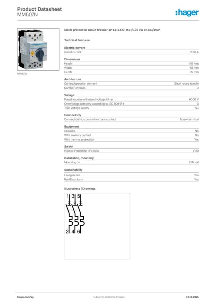 Image Hager Product data sheet MM507N  | Hager