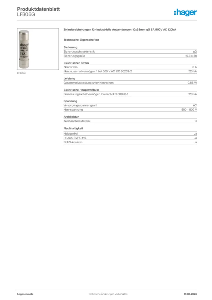 Bild Hager Produktdatenblatt LF306G | Hager Deutschland