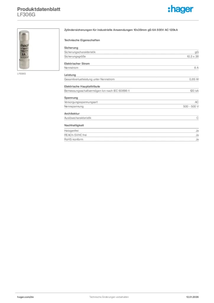 Bild Hager Produktdatenblatt LF306G | Hager Deutschland