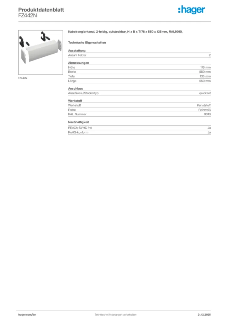 Bild Hager Produktdatenblatt FZ442N | Hager Deutschland