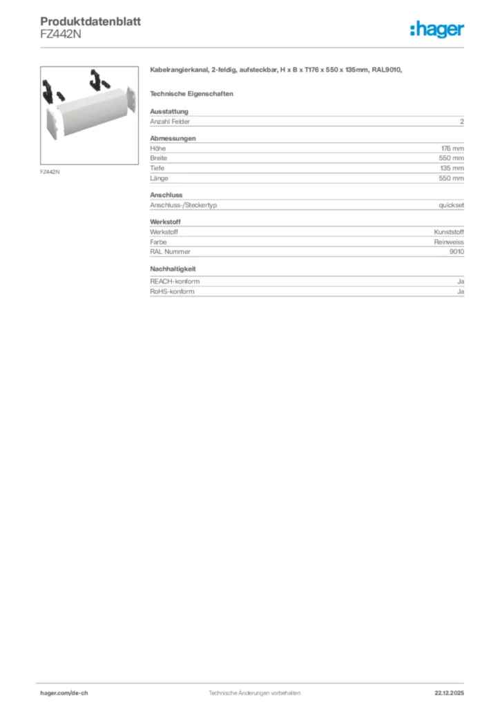 Bild Hager Produktdatenblatt FZ442N | Hager Schweiz
