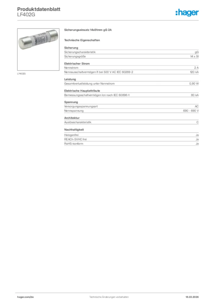 Bild Hager Produktdatenblatt LF402G | Hager Deutschland