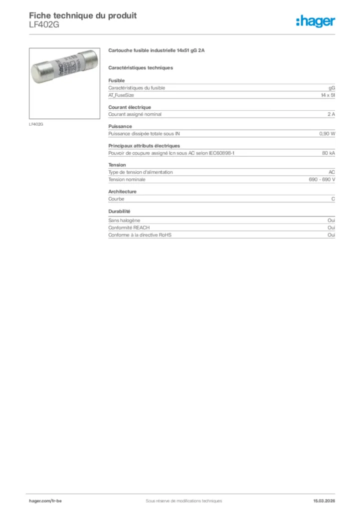 Image Hager Fiche technique du produit LF402G | Hager Belgique