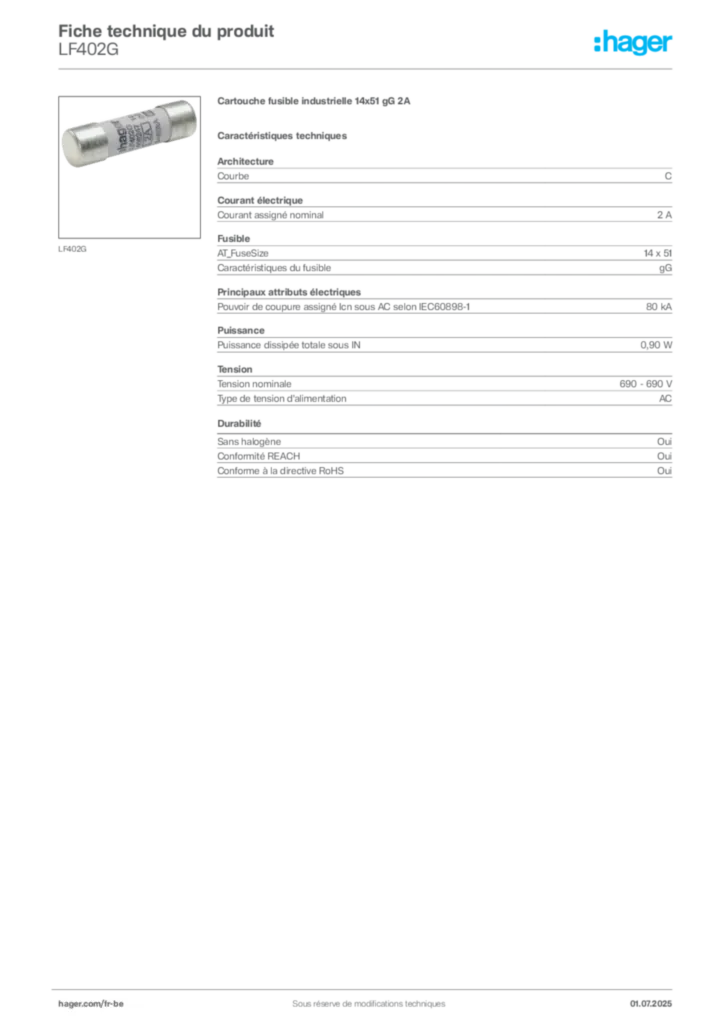 Image Hager Fiche technique du produit LF402G | Hager Belgique