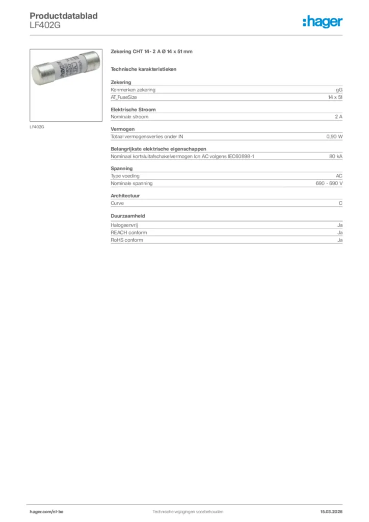 Afbeelding Hager Productdatablad LF402G | Hager Belgium
