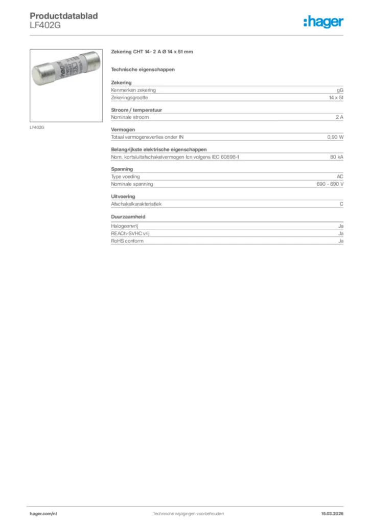 Afbeelding Hager Productdatablad LF402G | Hager Nederland