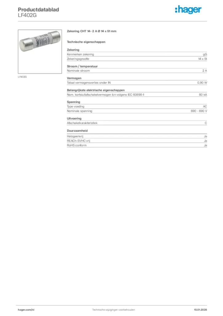 Afbeelding Hager Productdatablad LF402G | Hager Nederland