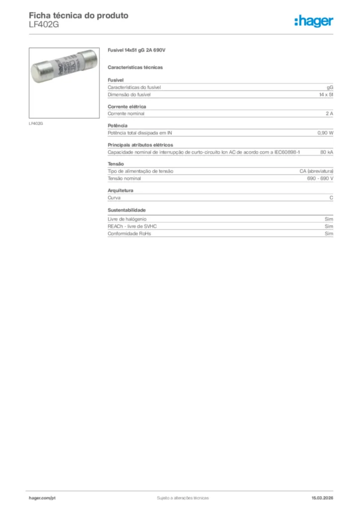 Imagem Hager Ficha técnica do produto LF402G | Hager Portugal