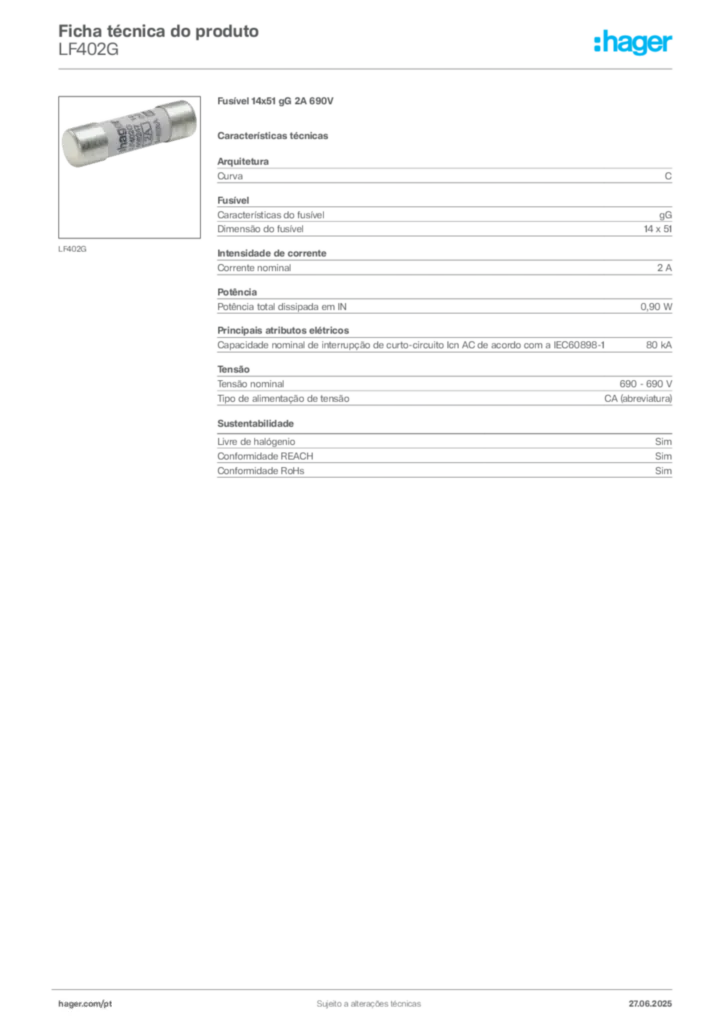 Imagem Hager Ficha técnica do produto LF402G | Hager Portugal