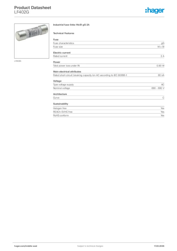 Image Hager Product data sheet LF402G  | Hager