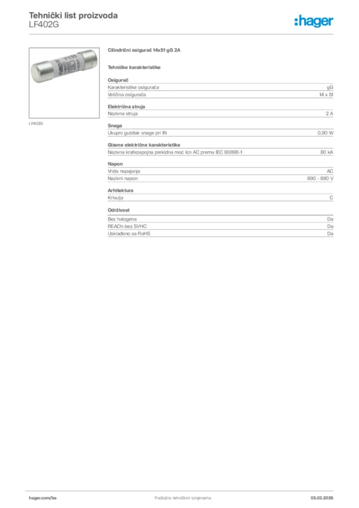 Slika Hager Tehnički list proizvoda LF402G  | Hager
