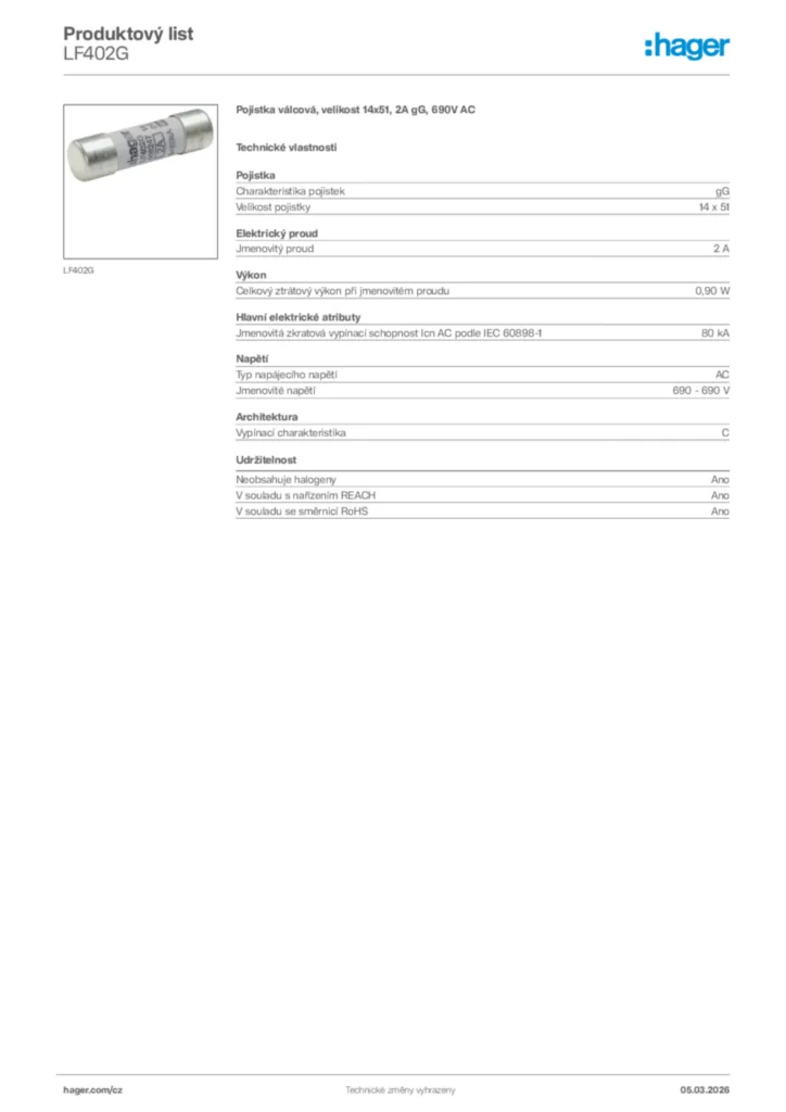 Obrázek Hager Product data sheet LF402G | Hager
