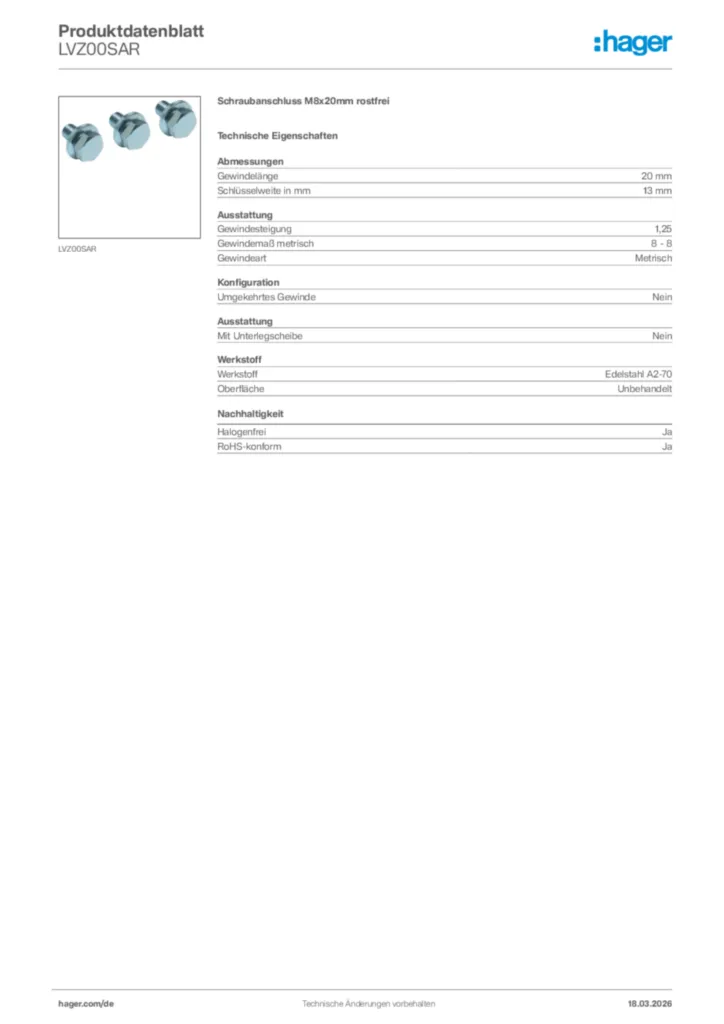 Bild Hager Produktdatenblatt LVZ00SAR | Hager Deutschland