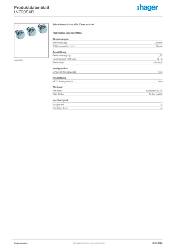 Bild Hager Produktdatenblatt LVZ00SAR | Hager Deutschland