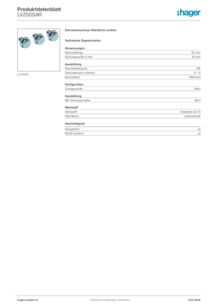 Bild Hager Produktdatenblatt LVZ00SAR | Hager Schweiz