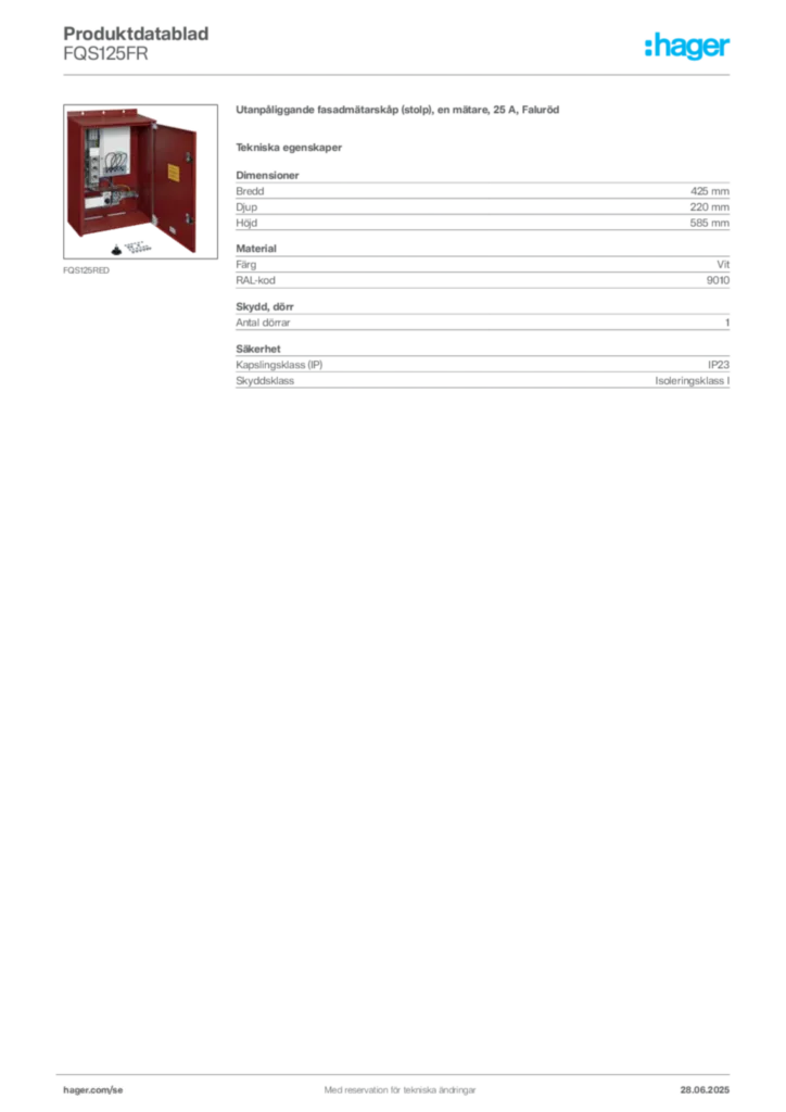 Bild Hager Produktdatablad FQS125FR | Hager Sverige