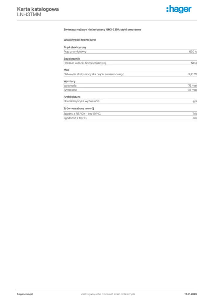 Zdjęcie Hager Karta katalogowa LNH3TMM | Hager Polska