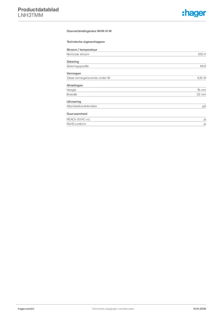 Afbeelding Hager Productdatablad LNH3TMM | Hager Nederland