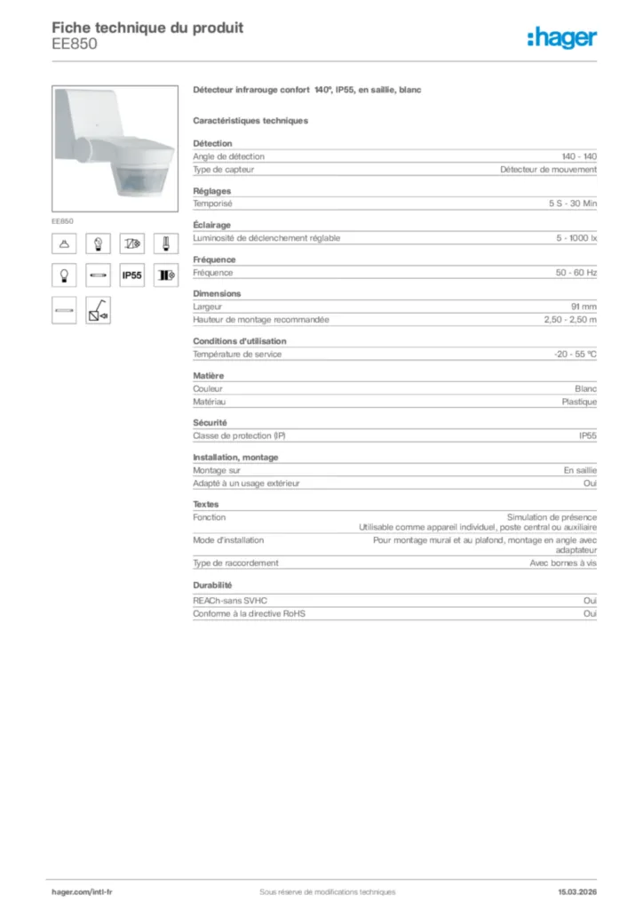 Image Hager Fiche technique du produit EE850 | Hager Afrique