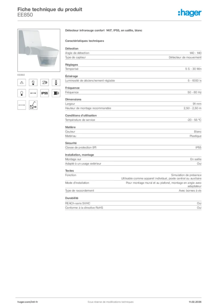 Image Hager Fiche technique du produit EE850 | Hager Afrique