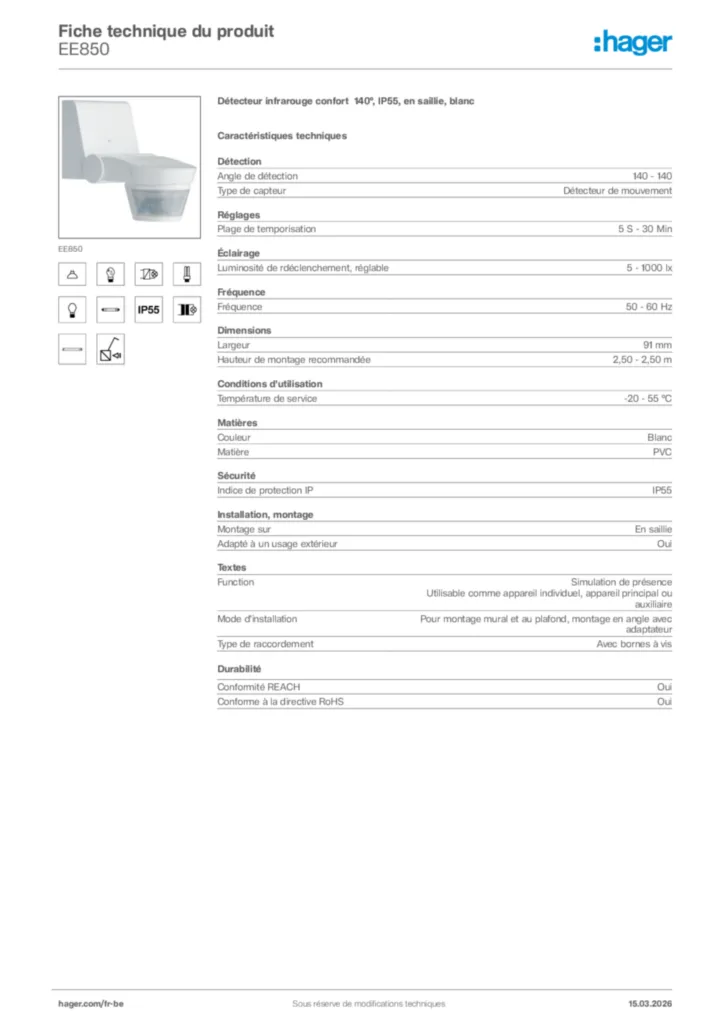 Image Hager Fiche technique du produit EE850 | Hager Belgique