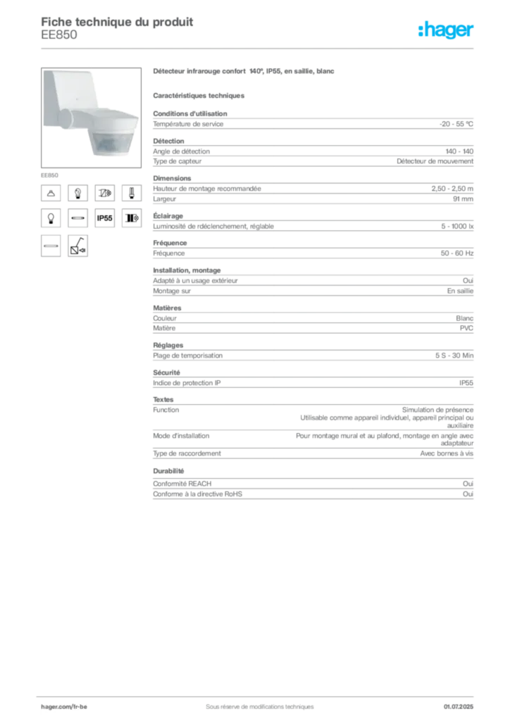 Image Hager Fiche technique du produit EE850 | Hager Belgique