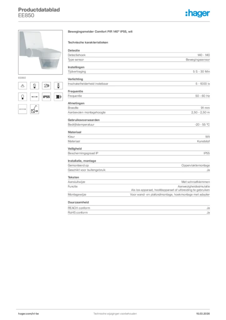 Afbeelding Hager Productdatablad EE850 | Hager Belgium