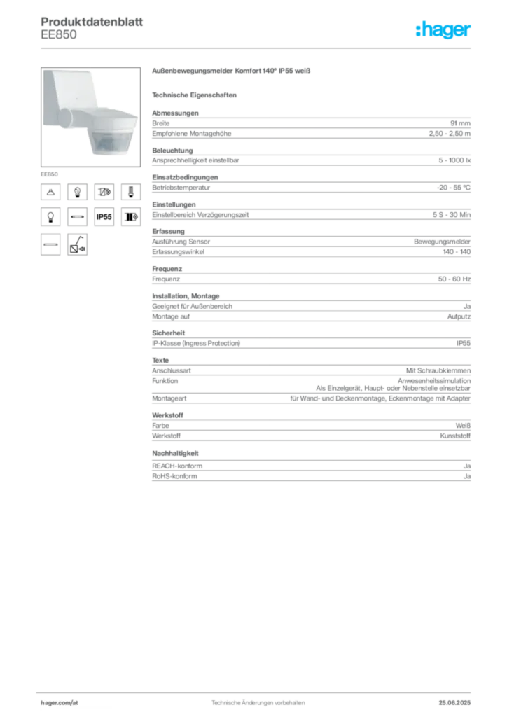 Bild Hager Produktdatenblatt EE850 | Hager Deutschland