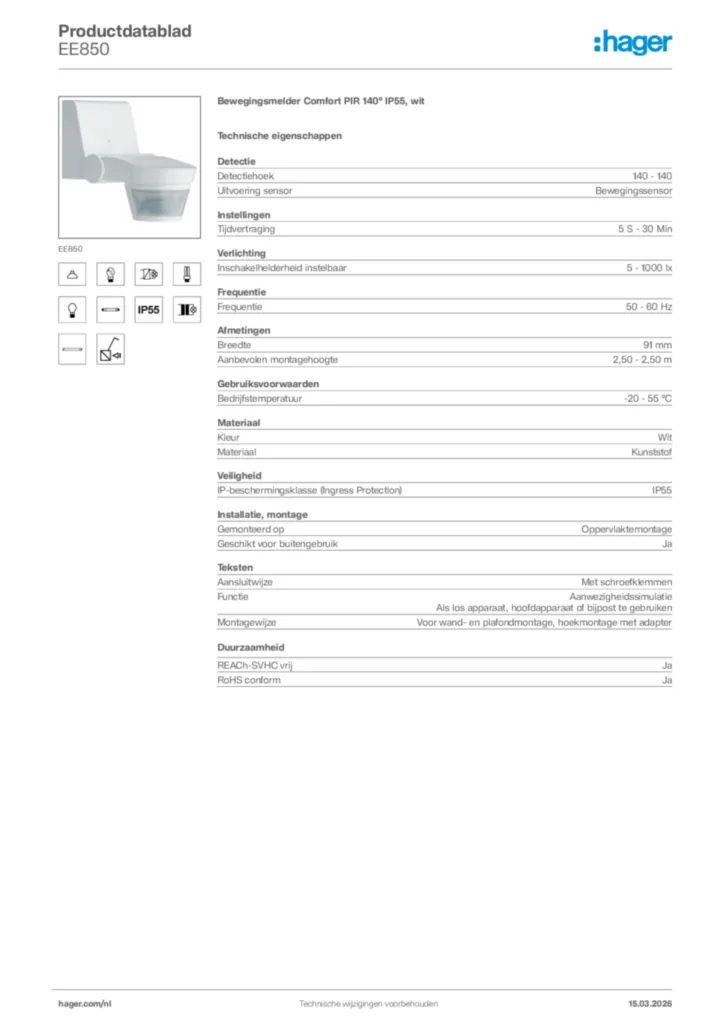 Afbeelding Hager Productdatablad EE850 | Hager Nederland