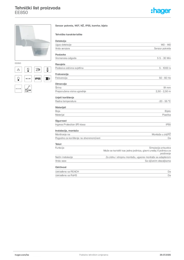 Slika Hager Product data sheet EE850  | Hager