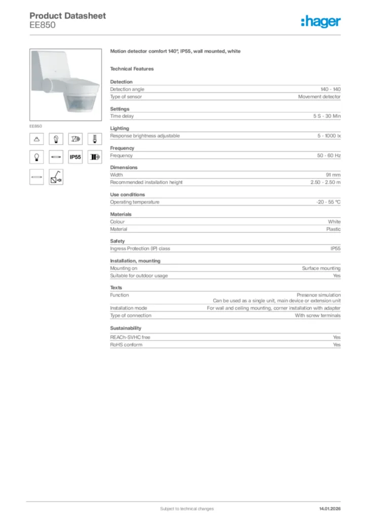 Image Hager Product data sheet EE850  | Hager