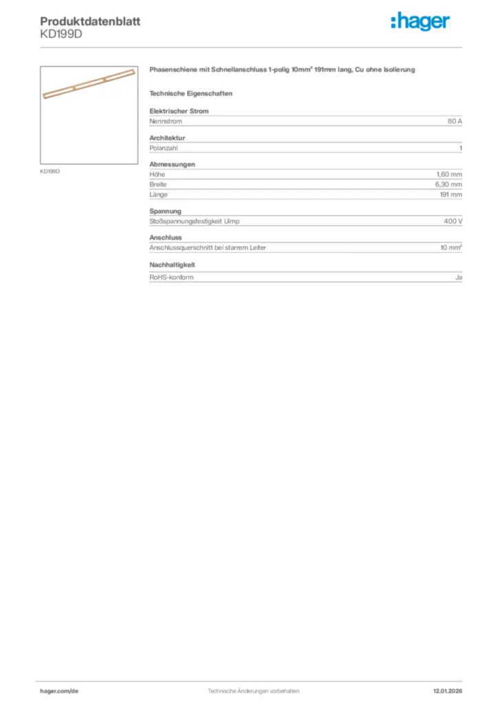 Bild Hager Produktdatenblatt KD199D | Hager Deutschland