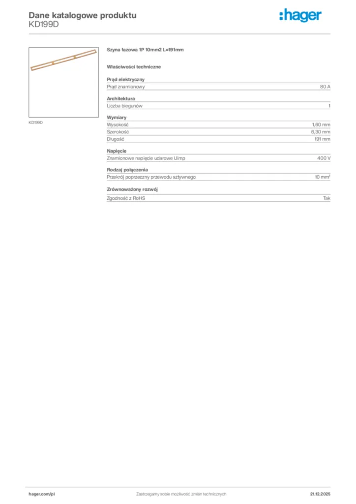 Zdjęcie Hager Dane katalogowe produktu KD199D | Hager Polska