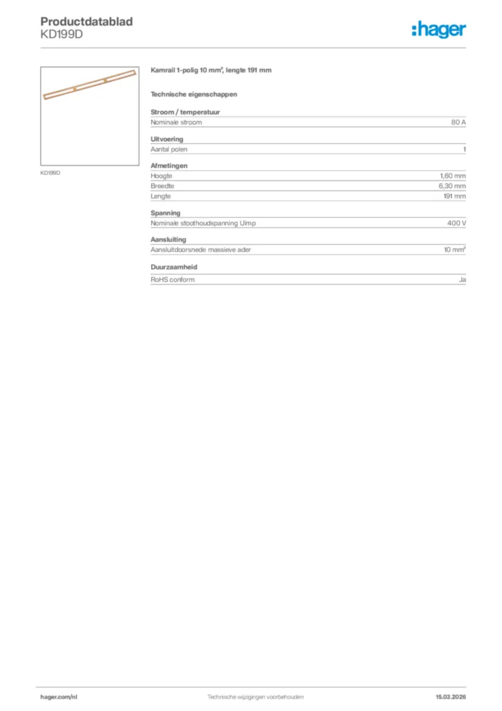 Afbeelding Hager Productdatablad KD199D | Hager Nederland