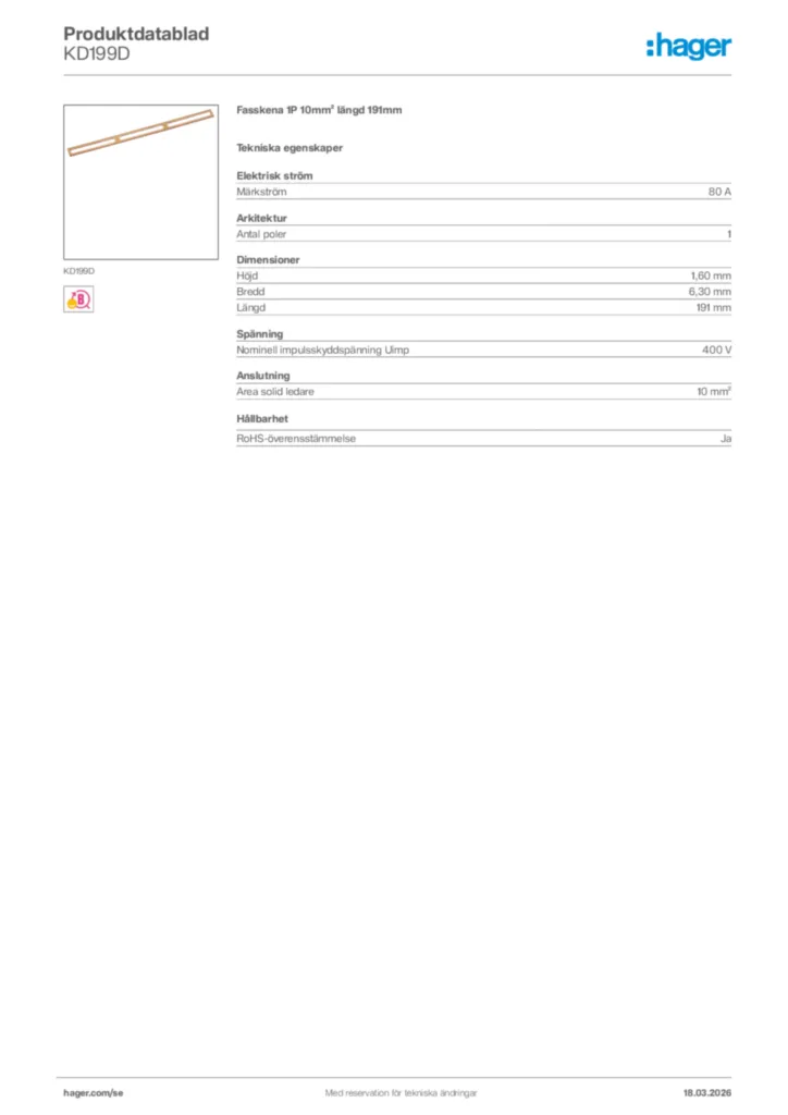 Bild Hager Produktdatablad KD199D | Hager Sverige