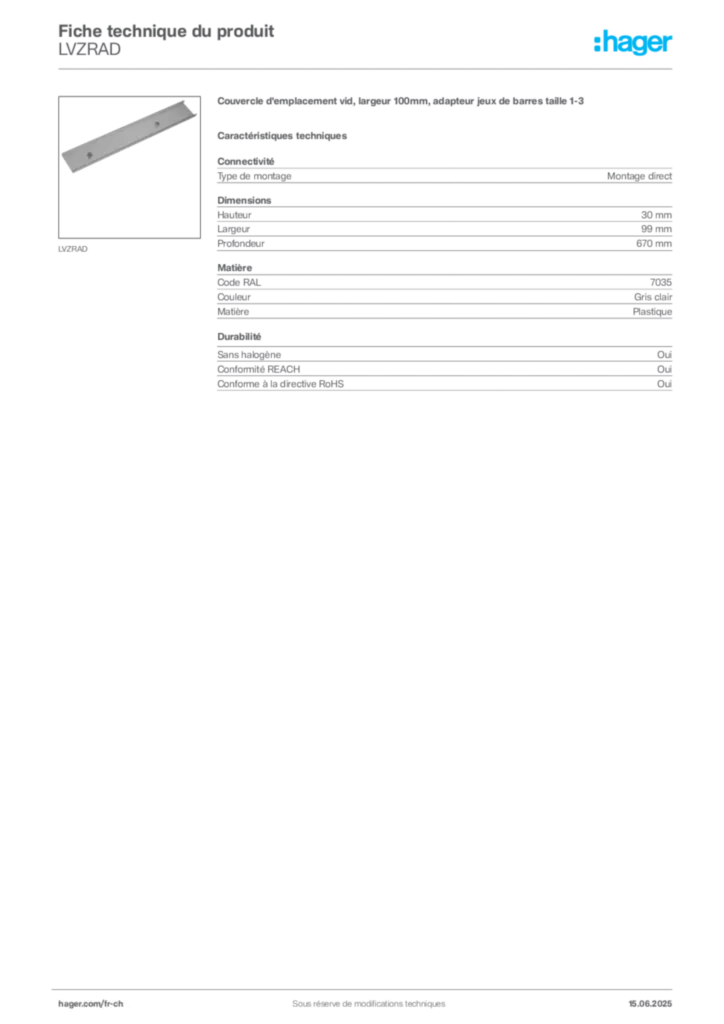 Image Hager Fiche technique du produit LVZRAD | Hager Suisse