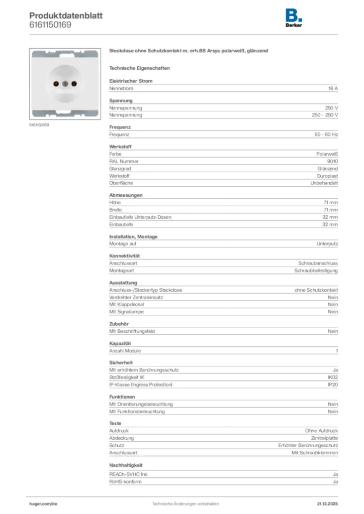 Bild Berker Produktdatenblatt 6161150169 | Hager Deutschland