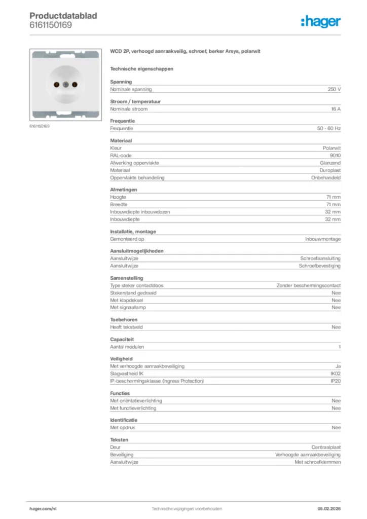 Afbeelding Hager Productdatablad 6161150169 | Hager Nederland