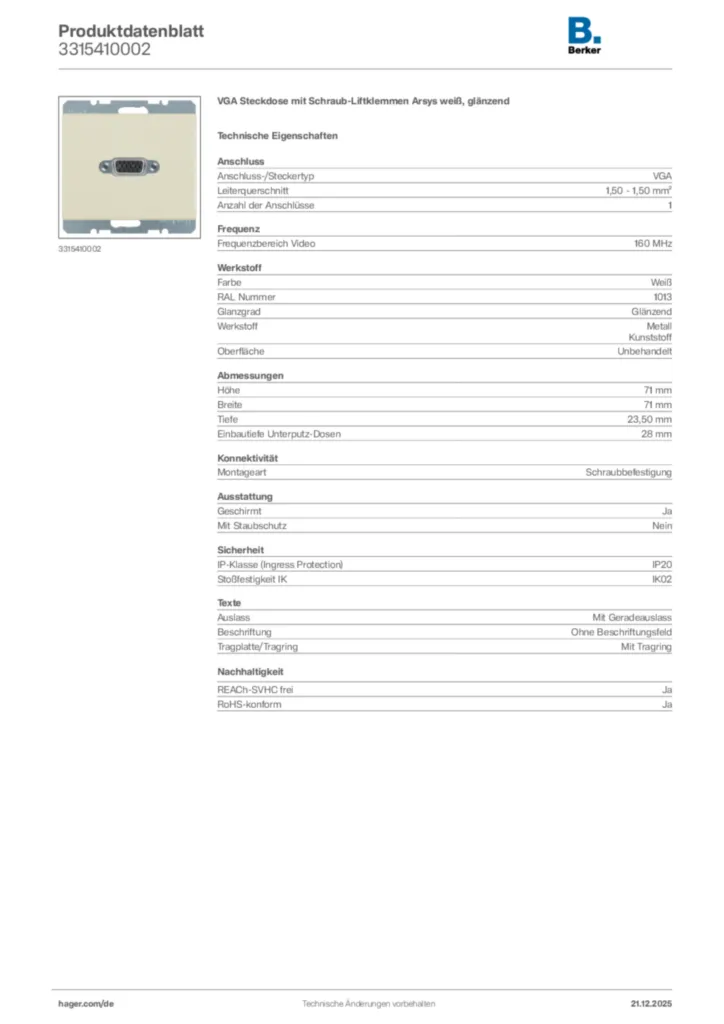 Bild Berker Produktdatenblatt 3315410002 | Hager Deutschland
